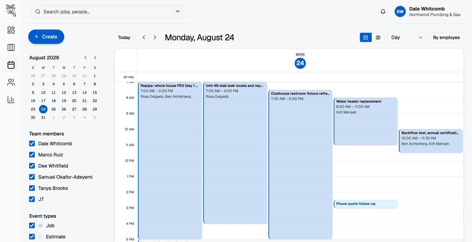 A day on the Crewfather schedule: five overlapping visits with crew names and times