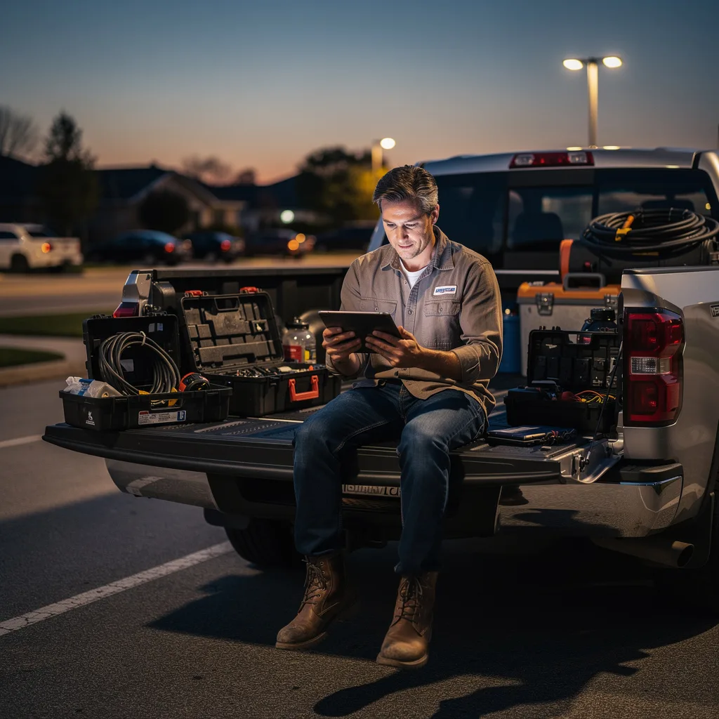 A business owner reviewing the day on a tablet from the truck tailgate at dusk