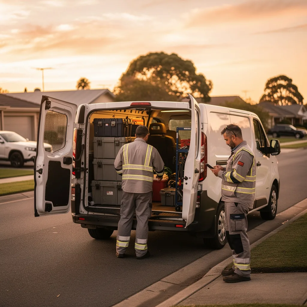 Two crew members loading equipment into a work van at sunrise, one checking the day on his phone