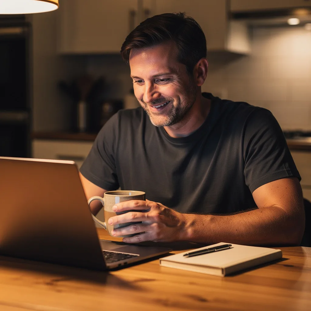 A relaxed business owner at the kitchen table in the evening, finishing up on a laptop